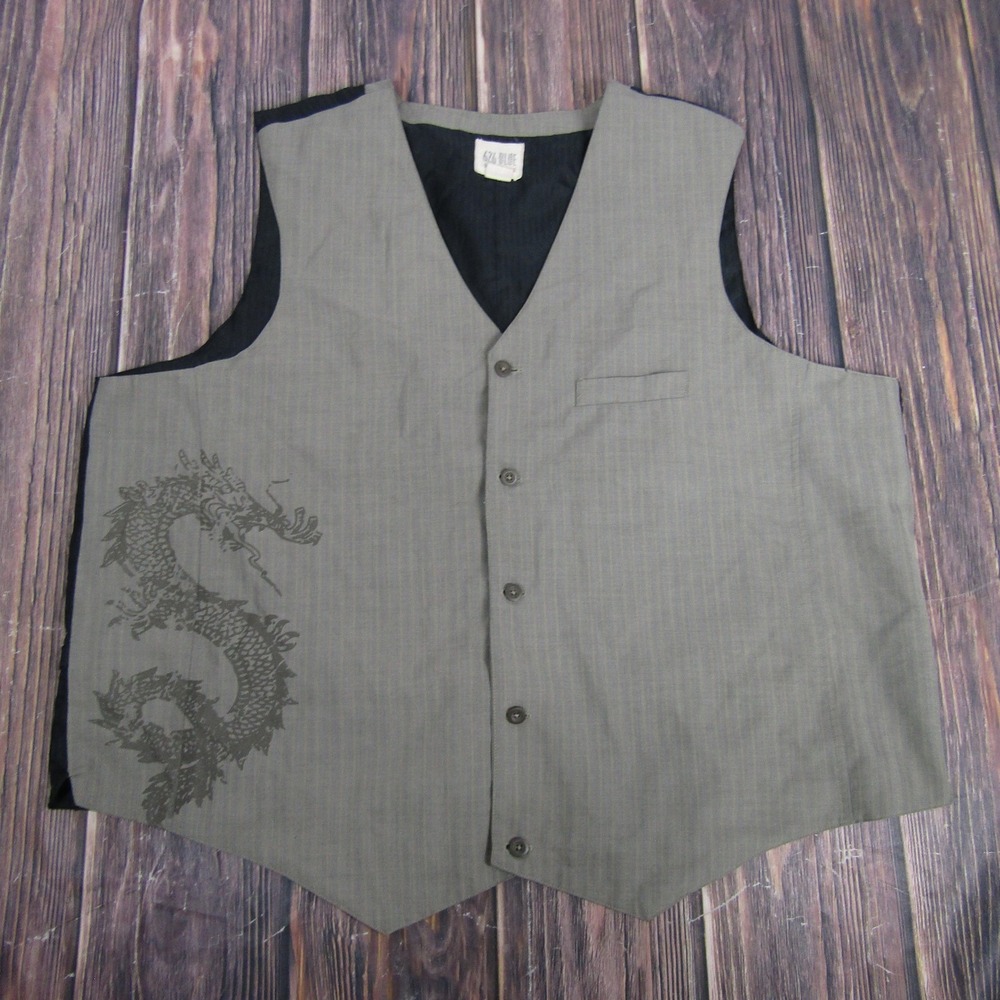 626 Blue Vest Mens 2XL Gray Quilted Dragon Graphic Button Front Lined Casual
